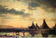 Albert Bierstadt View of Chimney Rock, Ogalillalh Sioux Village in Foreground oil painting reproduction